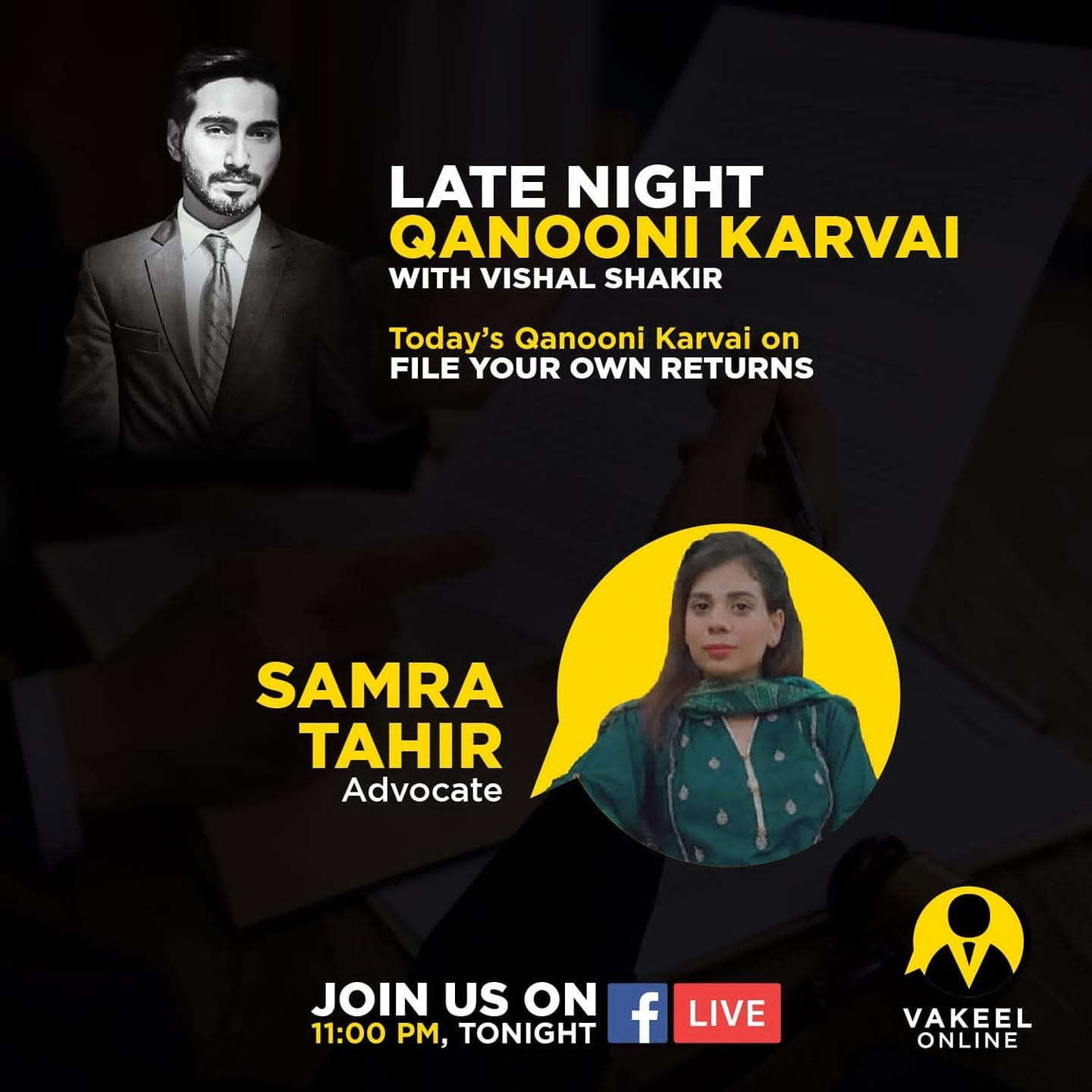 Samra Tahir leading Vakeel Online's Late Night Qanooni Karvai, training the fraternity on filing your own tax returns