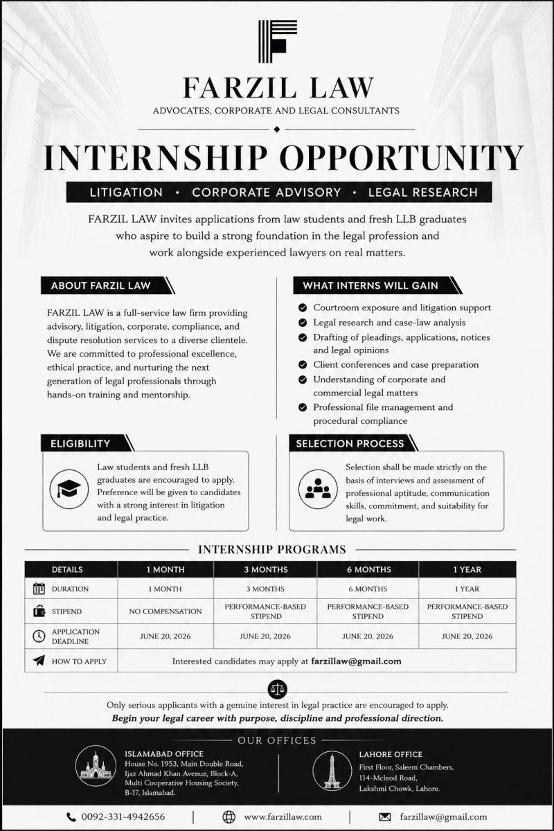 FARZIL LAW internship opportunity announcement, applications close 20 June 2026